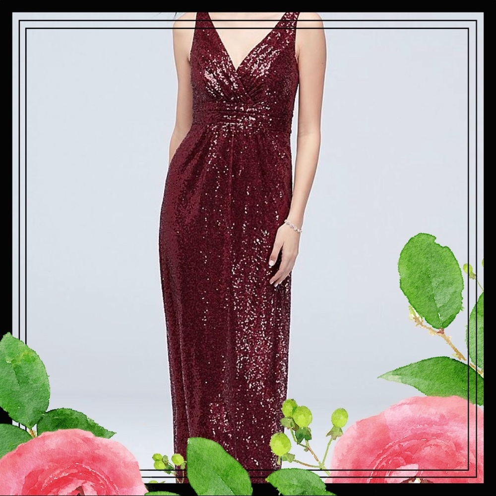 David’s bridal sequin v neck bridesmaid dress with satin piping - burgundy